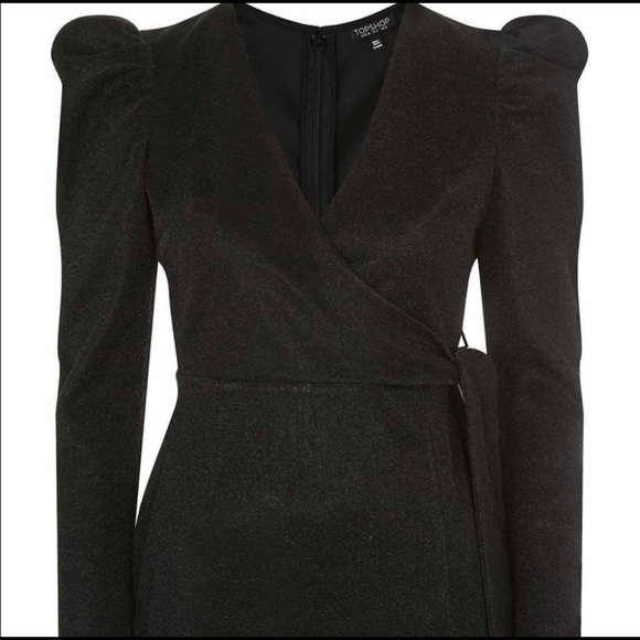 TOPSHOP black sparkly dress belted puff long sleeve Size US 6 - Picture 3 of 8